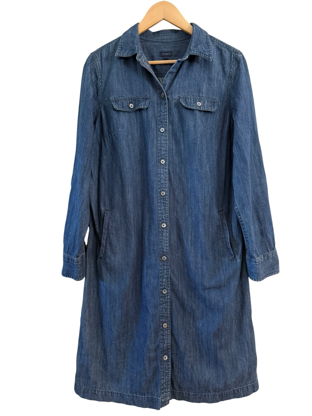 Talbots Denim Dress Button Down Long Shirt Sleeve Roll-Tab Cuffs Cotton Size 10